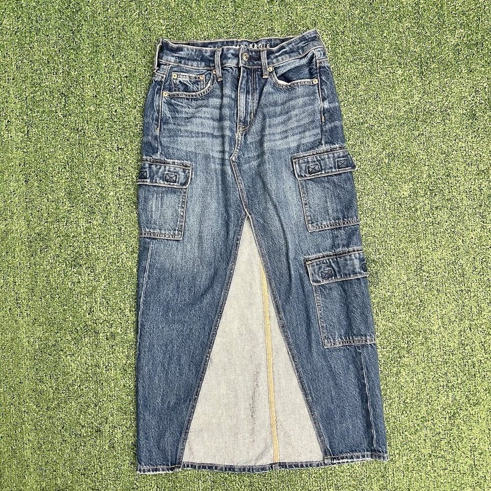 American Eagle Skirt Womens 000 Low Rise Maxi Denim Cargo Utility Medium Wash